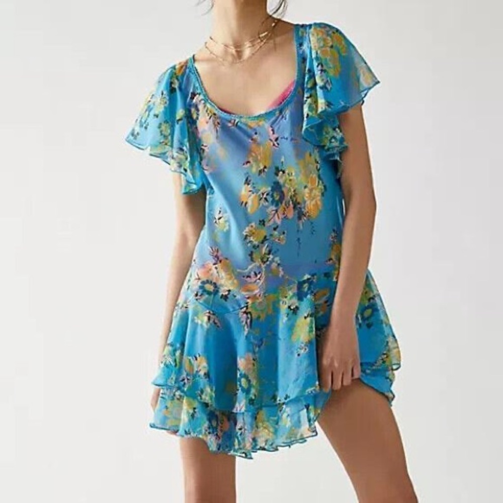 FREE PEOPLE LOVE TO LOVE MINI DRESS BLUE FLORAL